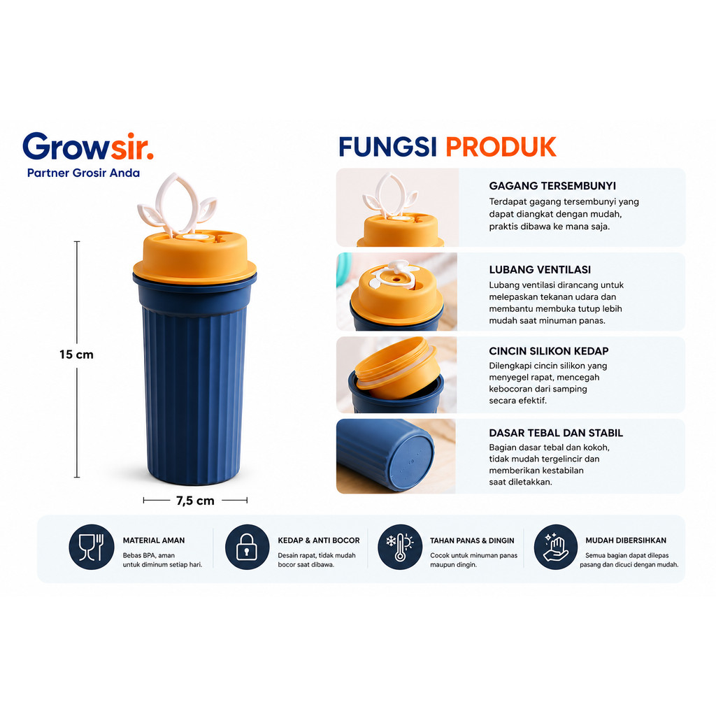 GROWSIR Tumbler Kopi Portable 350ml PP Food Grade Gelas Minum Coffee Cup Anti Tumpah Tutup Sedotan BZ056