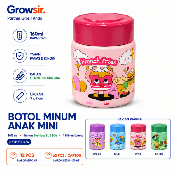GROWSIR Tumbler Mini Stainless Steel SUS304 Cute Aesthetic 160ml Botol Minum Kecil Food Grade Anti Bocor Tahan Panas Dingin BZ074