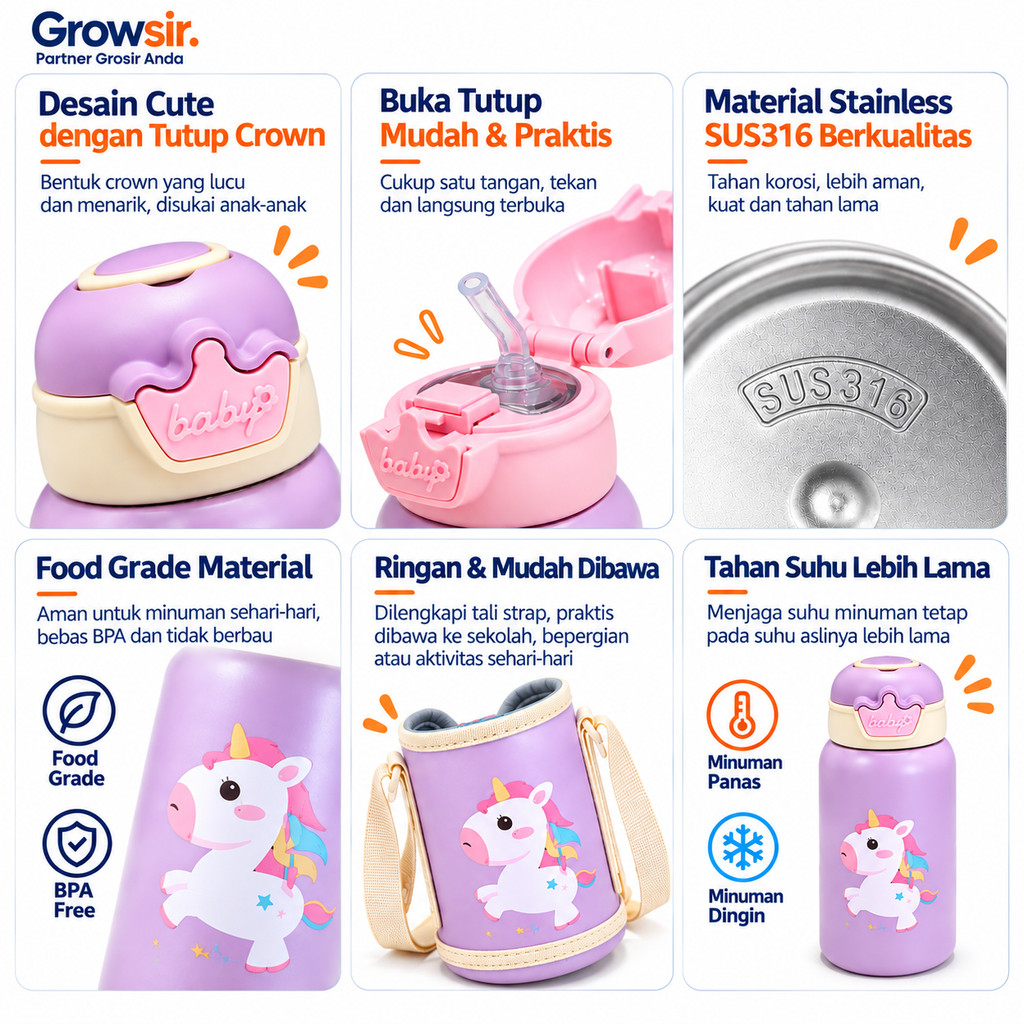 GROWSIR Tumbler Stainless Steel SUS316 480ml Botol Minum Anak Anti Bocor Sedotan dengan Tali Selempang Tahan Panas Dingin BZ052