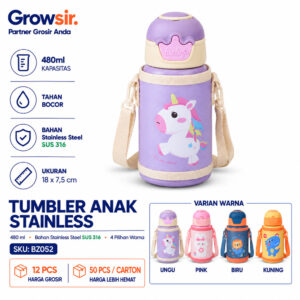 GROWSIR Tumbler Stainless Steel SUS316 480ml Botol Minum Anak Anti Bocor Sedotan dengan Tali Selempang Tahan Panas Dingin BZ052