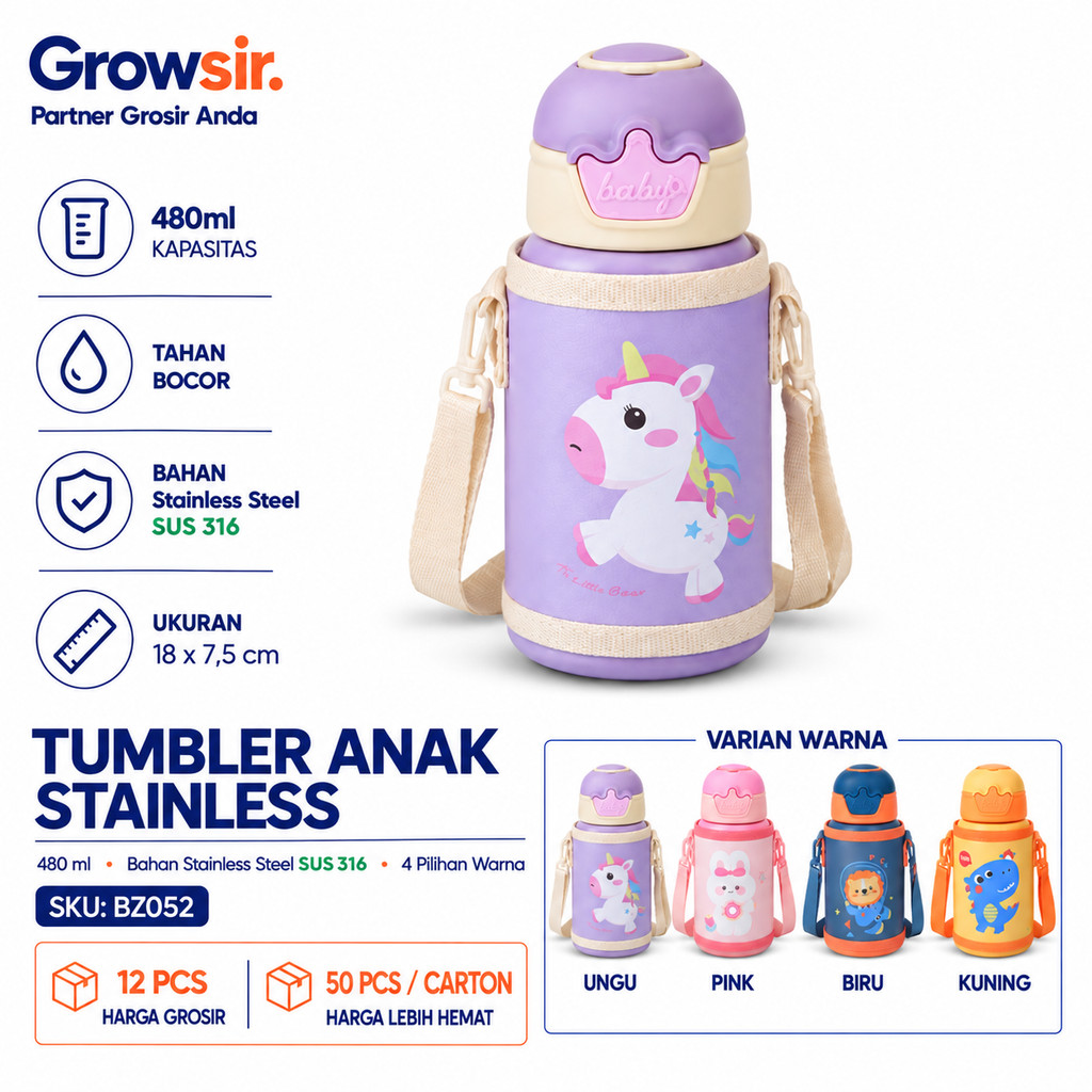 GROWSIR Tumbler Stainless Steel SUS316 480ml Botol Minum Anak Anti Bocor Sedotan dengan Tali Selempang Tahan Panas Dingin BZ052