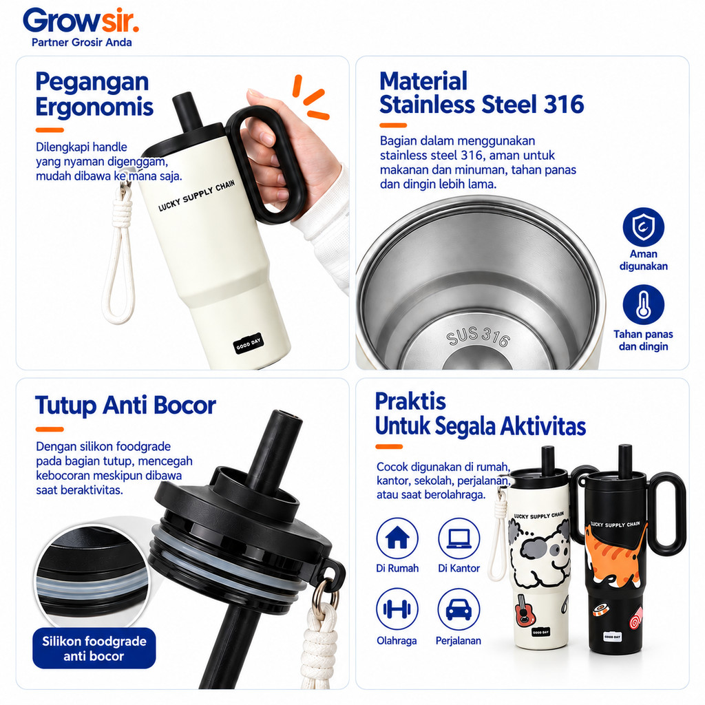 GROWSIR Tumbler Stainless Steel SUS316 Sedotan + Infuser 720ML Tahan Panas Dingin Anti Bocor Vacuum Food Grade dengan Gagang Tali BZ064