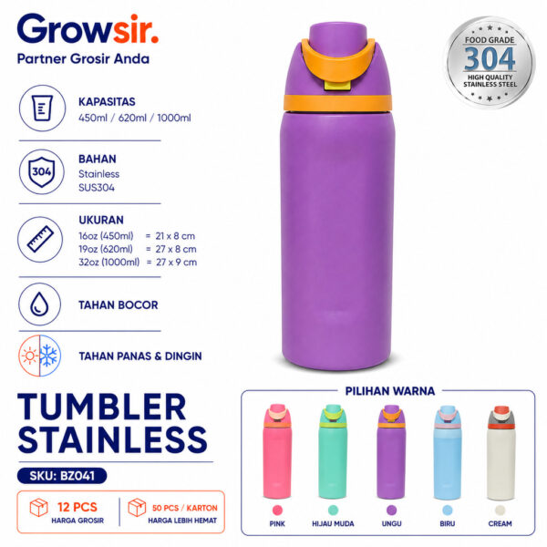 GROWSIR Tumbler Stainless SUS304 Tahan Panas Dingin | Thermos Termos Vacuum Flask 450ml 620ml 1000ml