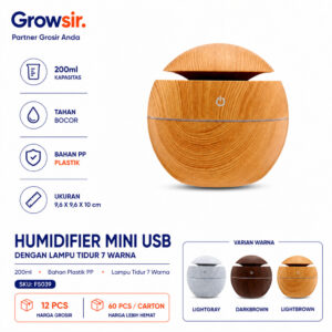 GRROWSIR Humidifier Mini USB Motif Kayu Elegan Dengan Lampu Tidur 7 Warna Pelembap Udara Ultrasonik FS039