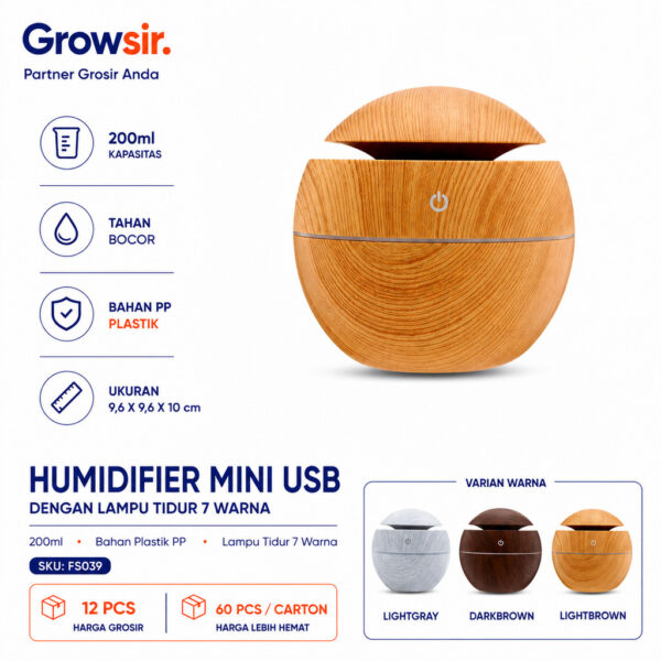 GRROWSIR Humidifier Mini USB Motif Kayu Elegan Dengan Lampu Tidur 7 Warna Pelembap Udara Ultrasonik FS039