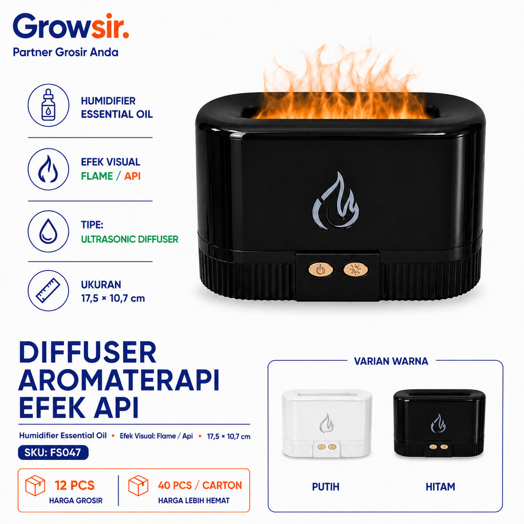 GROWSIR Humidifier Aromaterapi Efek Api Ultrasonic RGB 7 Warna Diffuser Essential Oil FS047