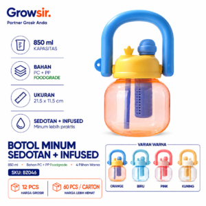 GROWSIR Botol Minum Infuser Buah BPA FREE 850ml Anti Tumpah | Tumbler Lucu Anak Dewasa Sedotan