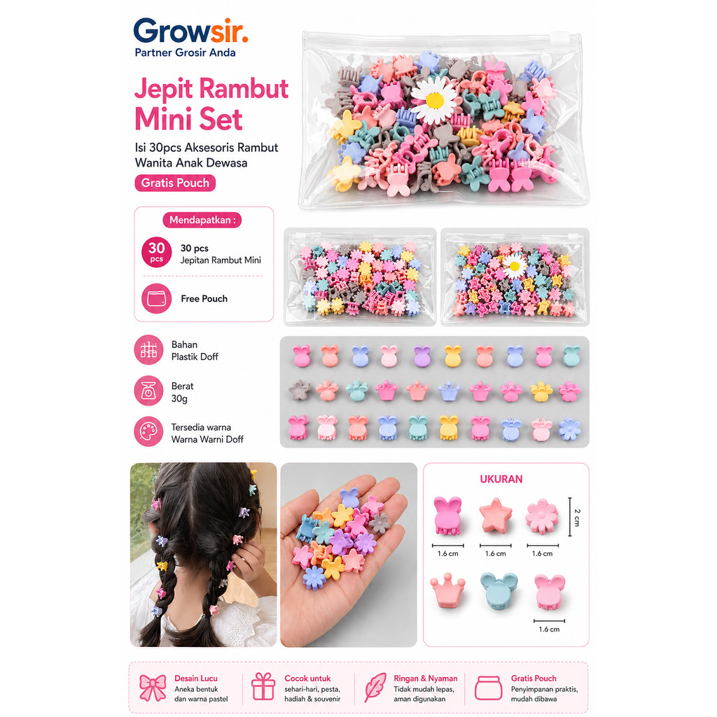 GROWSIR 30pcs Jepit Rambut Mini Set isi 30 pcs Aksesoris Rambut Wanita Anak Dewasa Gratis Pouch SP025