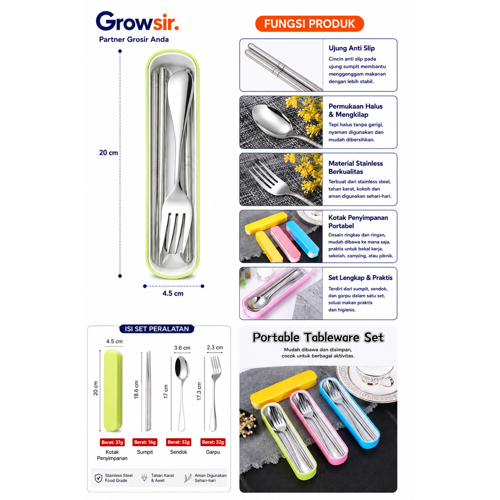 GROWSIR Alat Makan Sendok Garpu Sumpit Box Set Stainless Steel Sendok Set Souvenir FH004