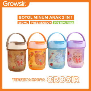 GROWSIR Botol Air Minum & Wadah Bekal Anak 2in1 550ml Karakter BPA FREE Anti Tumpah Free Sendok 054