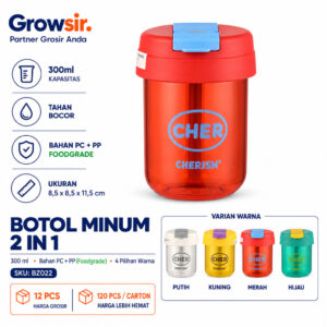 GROWSIR Botol Minum 2 in 1 dengan Sedotan 300ml Anti Bocor | Tumbler Transparan Warna Estetik BZ047