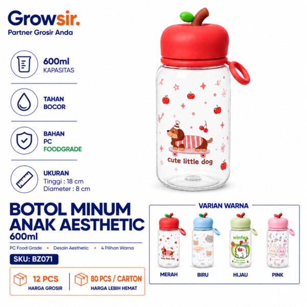 GROWSIR Botol Minum Anak Aesthetic 600ml Tutup Apel Anti Bocor Food Grade Gelas Minum Karakter Lucu dengan Pegangan BZ071
