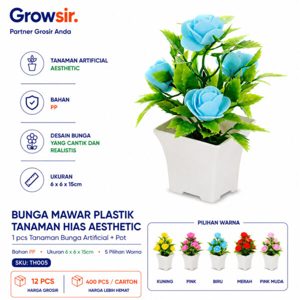 GROWSIR Bunga Mawar Plastik Tanaman Hias Artificial Aesthetic Mini Pot Rose Hiasan Ruang Tamu Estetik TH005