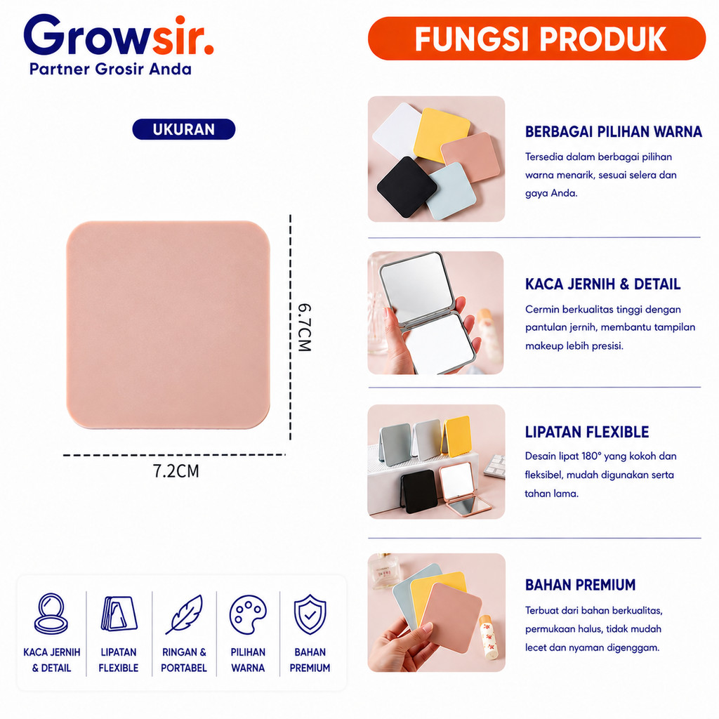 GROWSIR Cermin Lipat Mini Polos 2 Sisi Cermin Mini Portable Traveling Kaca Cermin Lipat Makeup MZ016