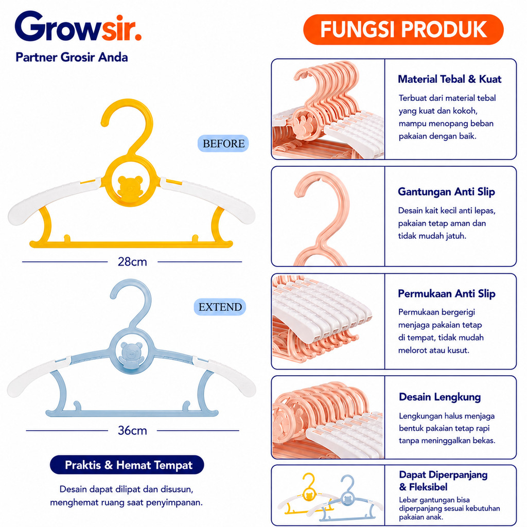 GROWSIR Gantungan Baju Anak Hanger Setelan Anak Ukuran Bisa Disetel XY116