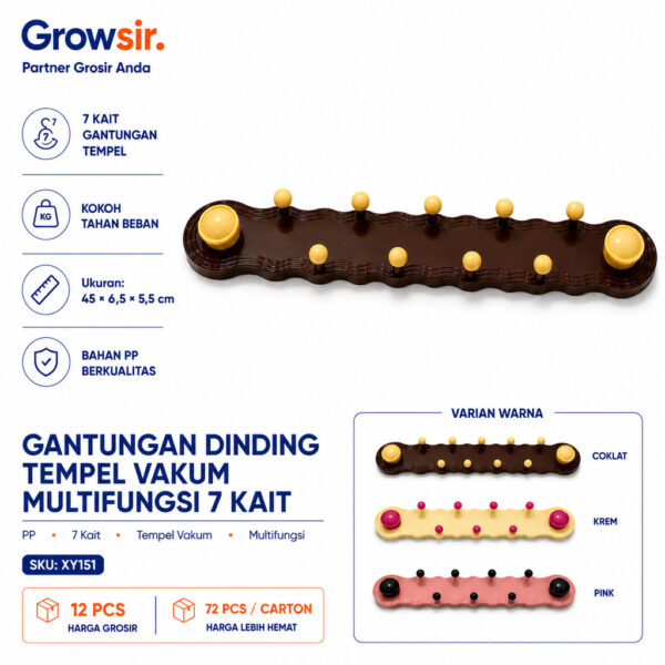 GROWSIR Gantungan Dinding Tempel Vakum Multifungsi 7 Kait | Rak Gantungan Baju Topi Tas Handuk XY151