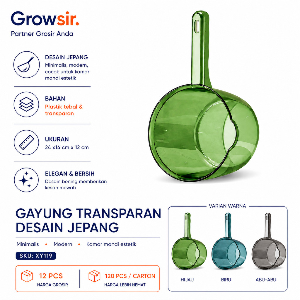 GROWSIR Gayung Transparan Desain Jepang Kuat Estetik Elegan Anti Pecah Anti Jamur XY119