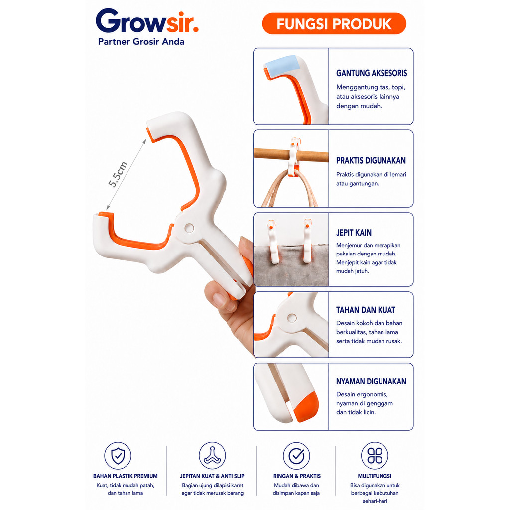 GROWSIR Jepitan Baju Kuat & Awet | Jepitan Pakaian Plastik PP + Pegas Stainless | Penjepit Jemuran Anti Mudah Patah XY050
