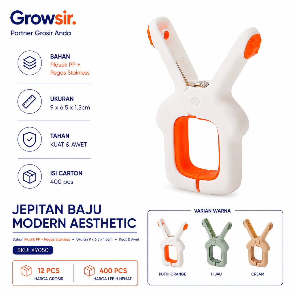 GROWSIR Jepitan Baju Kuat & Awet | Jepitan Pakaian Plastik PP + Pegas Stainless | Penjepit Jemuran Anti Mudah Patah XY050