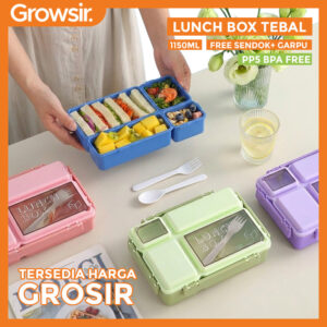 GROWSIR Kotak Bekal Bento 4 Sekat Anti Tumpah Tebal 1150ml + Sendok Garpu Lunch Box Aesthetic 079