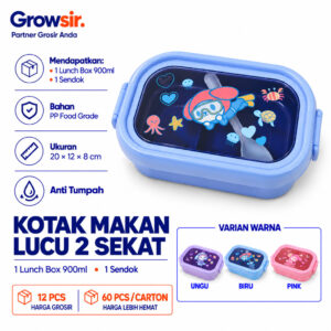 GROWSIR Kotak Makan 2 Sekat 900ml | Anti Bocor Food Grade | Bento Lunch Box Bekal Anak Dewasa Seal Silikon + Sendok Garpu FH096
