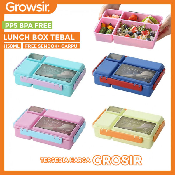 GROWSIR Kotak Makan Aesthetic 4 Sekat 1150ml Lunch Box Bekal Set Sendok Garpu FH081