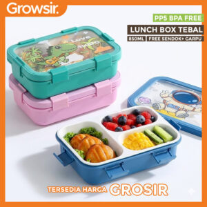 GROWSIR Kotak Makan Anak Motif Dino Astronot Bahan Tebal Food Grade Lunch Box Set Anti Tumpah FH090