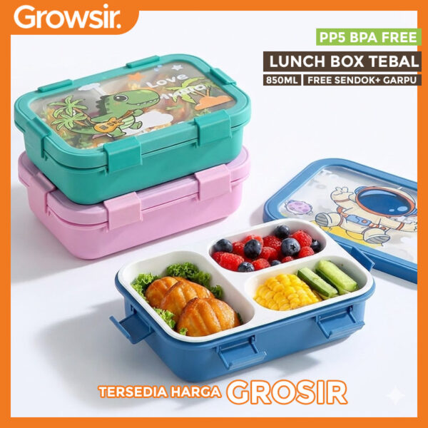 GROWSIR Kotak Makan Anak Motif Dino Astronot Bahan Tebal Food Grade Lunch Box Set Anti Tumpah FH090
