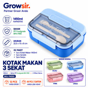 GROWSIR Kotak Makan Anti Tumpah 3 Sekat 1450ml Kotak Bekal Bento Lunch Box Free Sendok Garpu FH055