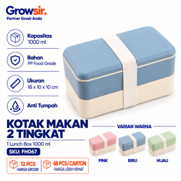 GROWSIR Kotak Makan Bento Jepang Susun Tingkat Anti Tumpah | Lunch Box Free Sendok + Garpu + Pisau