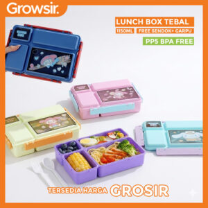 GROWSIR Kotak Makan Karakter 4 Sekat Besar 1150ml Bahan Tebal Food Grade Anti Campur Free Alat Makan