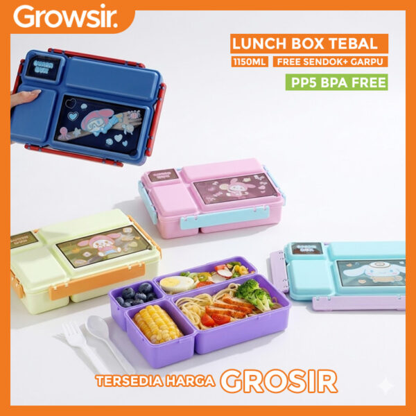 GROWSIR Kotak Makan Karakter 4 Sekat Besar 1150ml Bahan Tebal Food Grade Anti Campur Free Alat Makan