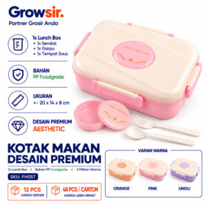 GROWSIR Kotak Makan Premium Anti Tumpah 3 Sekat 1400ml BPA FREE | Lunch Box Free Sendok + Garpu + Tempat Saus FH057