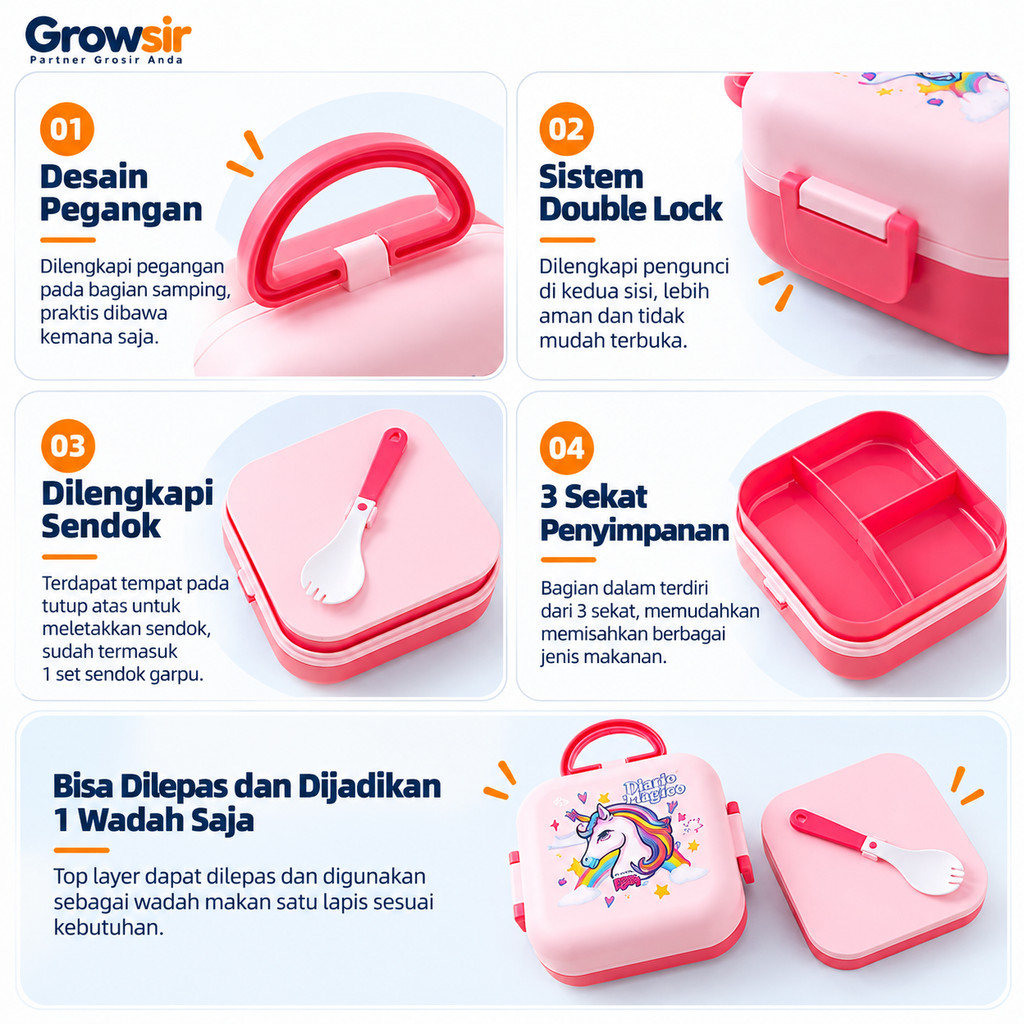 GROWSIR Kotak Makan Set 1150ml BPA FREE 2 Tingkat | Lunch Box Free Sendok + Botol Minum 400ml FH064