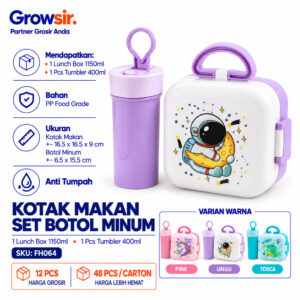 GROWSIR Kotak Makan Set 1150ml BPA FREE 2 Tingkat | Lunch Box Free Sendok + Botol Minum 400ml FH064