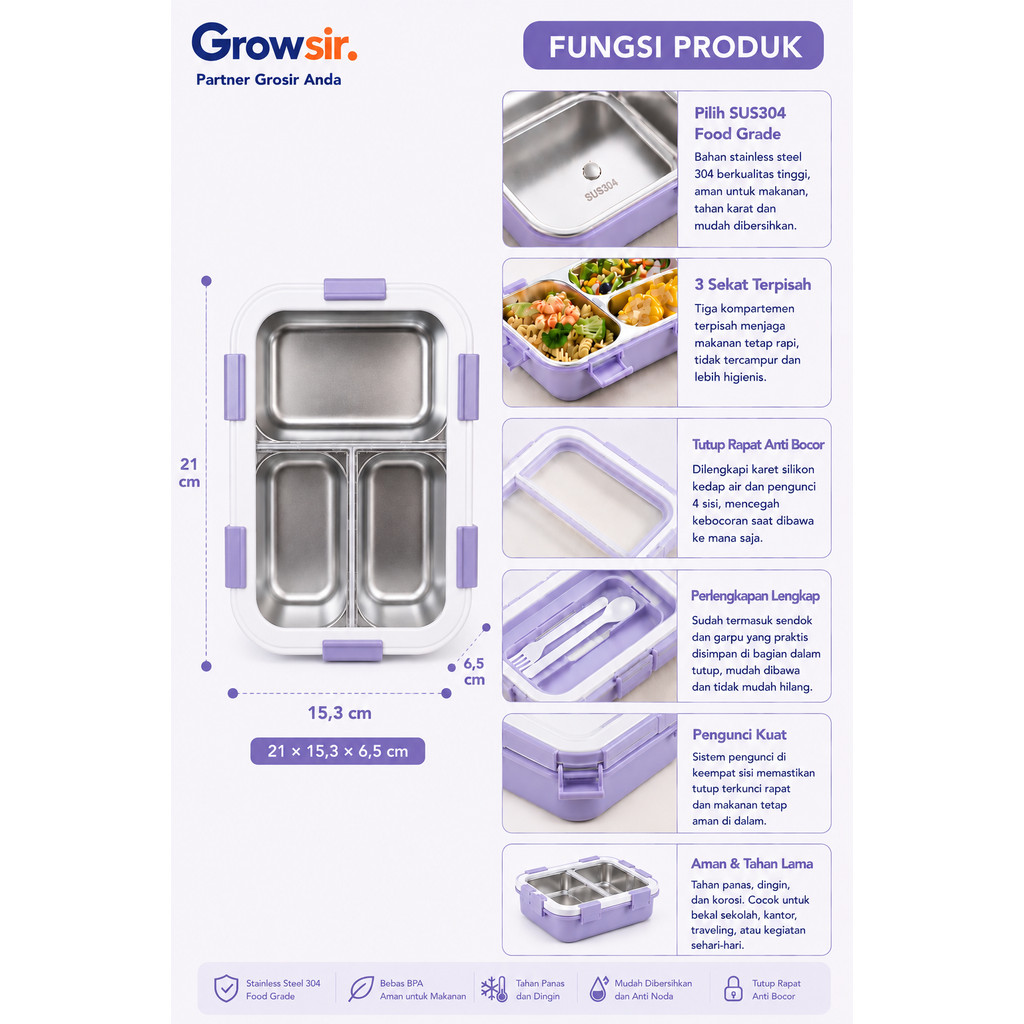 GROWSIR Kotak Makan Stainless Steel 304 Aesthetic 3 Sekat Anti Bocor Lunch Box Food Grade + Sendok Garpu FH093