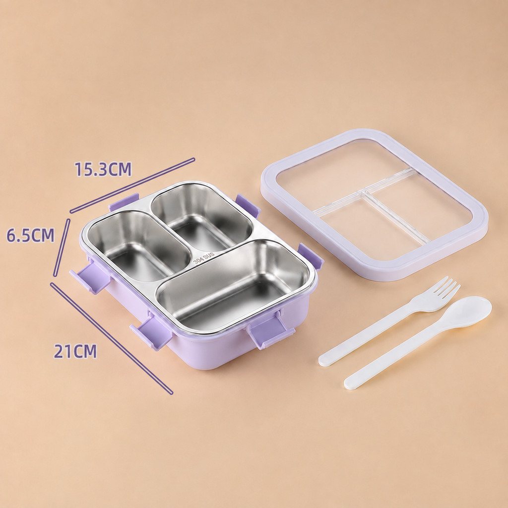GROWSIR Kotak Makan Stainless Steel 304 Aesthetic 3 Sekat Anti Bocor Lunch Box Food Grade + Sendok Garpu FH093