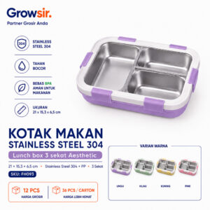 GROWSIR Kotak Makan Stainless Steel 304 Aesthetic 3 Sekat Anti Bocor Lunch Box Food Grade + Sendok Garpu FH093