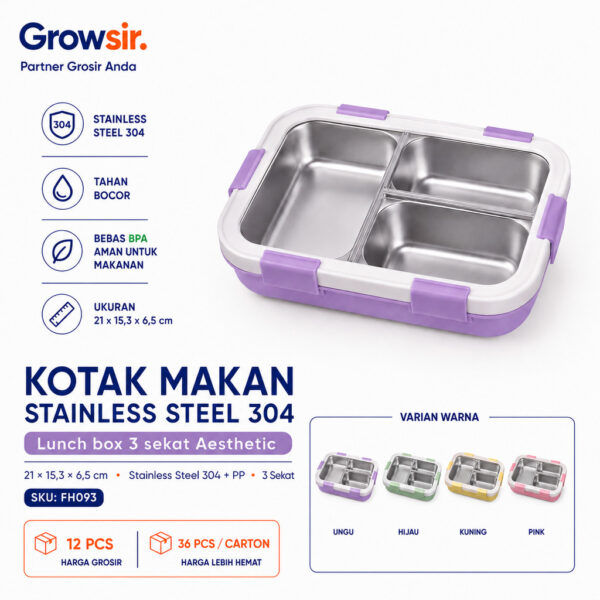 GROWSIR Kotak Makan Stainless Steel 304 Aesthetic 3 Sekat Anti Bocor Lunch Box Food Grade + Sendok Garpu FH093