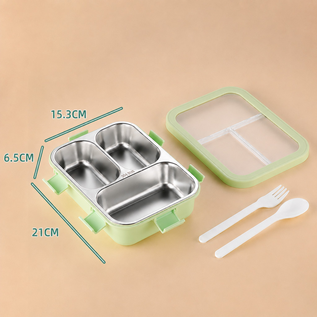 GROWSIR Kotak Makan Stainless Steel 304 Aesthetic 3 Sekat Anti Bocor Lunch Box Food Grade + Sendok Garpu FH093