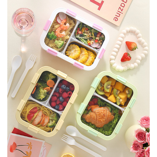 GROWSIR Kotak Makan Stainless Steel 304 Aesthetic 3 Sekat Anti Bocor Lunch Box Food Grade + Sendok Garpu FH093