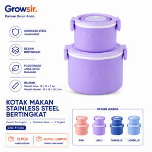GROWSIR Kotak Makan Stainless Steel Bertingkat | Lunch Box Anti Tumpah Kotak Makan Bekal Food Grade Microwave FH084-SS