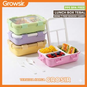 GROWSIR Kotak Makan Tebal 3 Sekat Anti Tumpah + Sendok Garpu Lunch Box Set BPA Free FH087