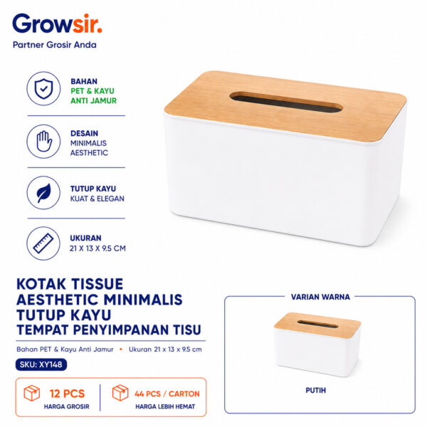 GROWSIR Kotak Tissue Aesthetic Minimalis Tutup Kayu Tempat Penyimpanan Tisu XY148