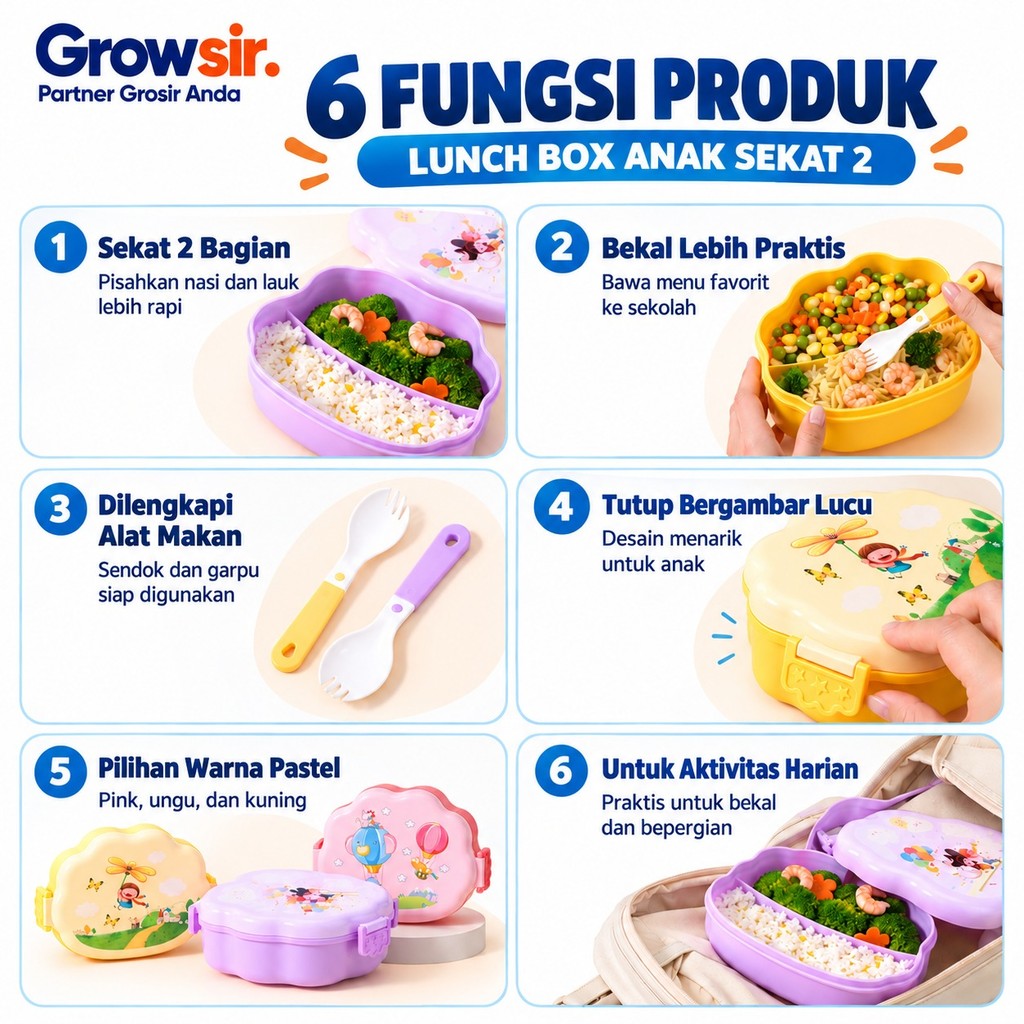 GROWSIR Lunch Box Anak Set Tumbler Food Grade Kotak Makan Sekat Microwave Safe Bekal Sekolah Karakter FH074