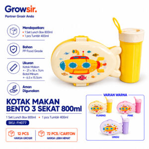 GROWSIR Lunch Box Anak Set Tumbler Karakter Kendaraan Kapal Selam Lucu | Kotak Makan Sekat Food Grade Microwave Safe Bekal Sekolah FH077