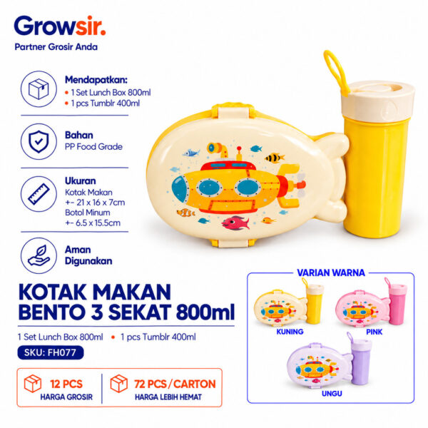 GROWSIR Lunch Box Anak Set Tumbler Karakter Kendaraan Kapal Selam Lucu | Kotak Makan Sekat Food Grade Microwave Safe Bekal Sekolah FH077