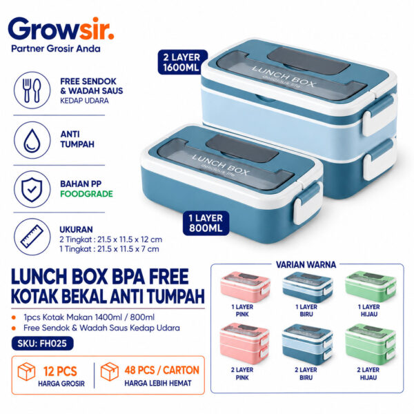 GROWSIR Lunch Box BPA FREE Kotak Bekal Anti Tumpah 2 Tingkat 1600ml / 800ml Kotak makan Wadah Bekal FREE Sendok Garpu Tempat Saus FH030