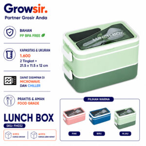 GROWSIR Lunch Box BPA FREE Kotak Bekal Anti Tumpah 2 Tingkat 1600ml 800ml Kotak makan Wadah Bekal FREE Sendok Garpu Tempat Saus FH032