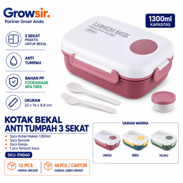 GROWSIR Lunch Box BPA FREE Kotak Bekal Anti Tumpah 3 Sekat 1300ml Kotak makan Wadah Bekal GRATIS Sendok Garpu Tempat Saus FH040